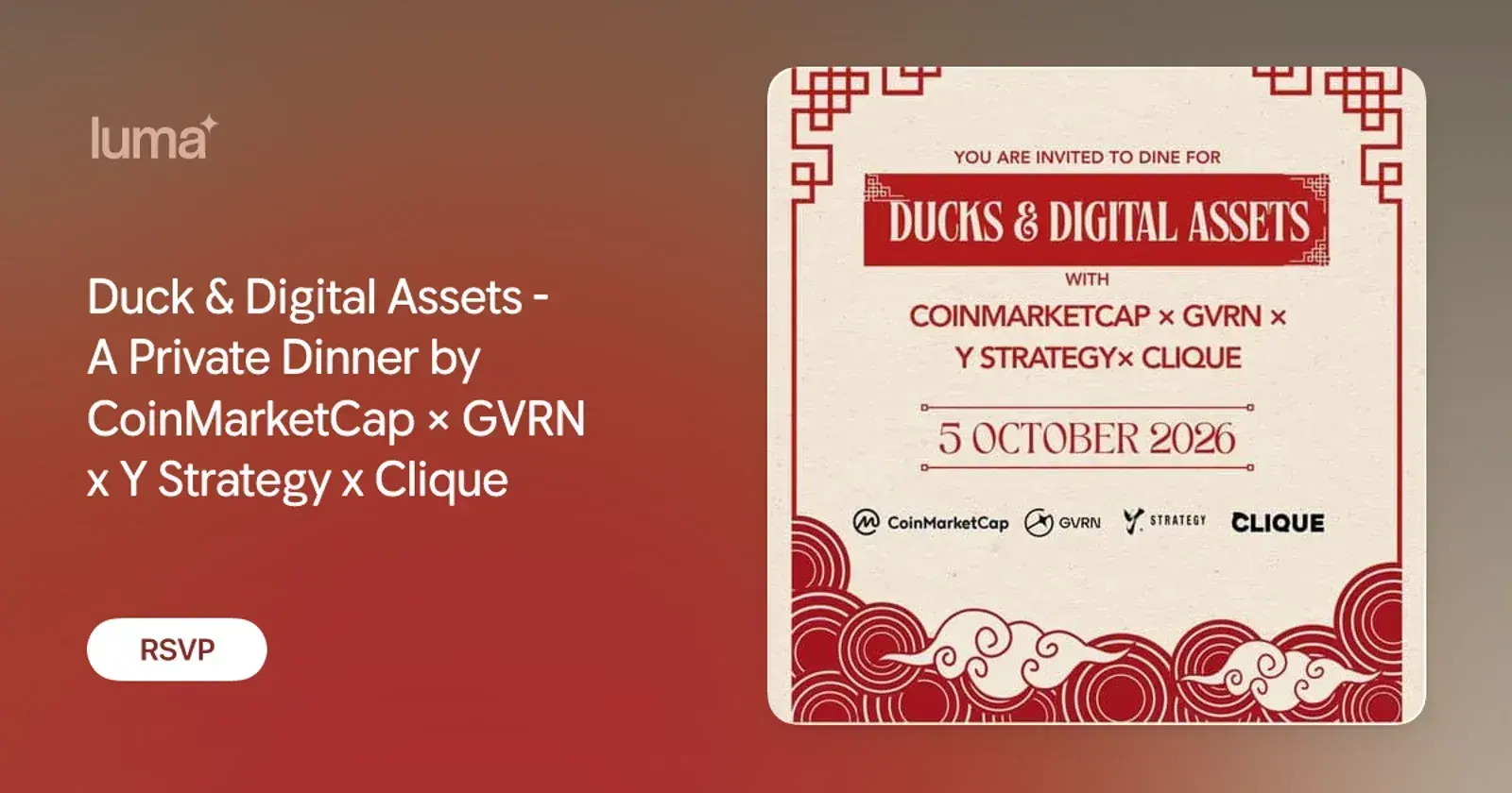 Duck & Digital Assets - A Private Dinner by CoinMarketCap × GVRN x Y Strategy x Clique